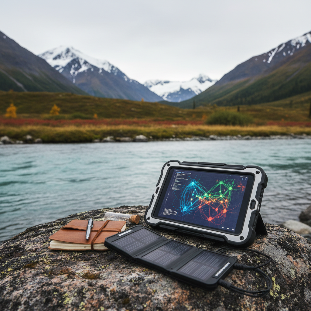A close-up photographic scene of a rugged, weatherproof tablet resting on a moss-covered rock at the edge of an Alaska river, its screen displaying a colorful, abstract data visualization and code interface. Around it lie a compact solar charger, a well-used field notebook, and a small, empty sample vial. The background shows blurred tundra vegetation in deep greens and rusty reds, with snow-capped peaks under a pale sky. Soft, diffused overcast light emphasizes textures in the rock, water, and equipment, creating a calm yet adventurous mood. Captured at a low, three-quarter angle with shallow depth of field, the image symbolizes rural STEM fieldwork and research in authentic Alaska landscapes.