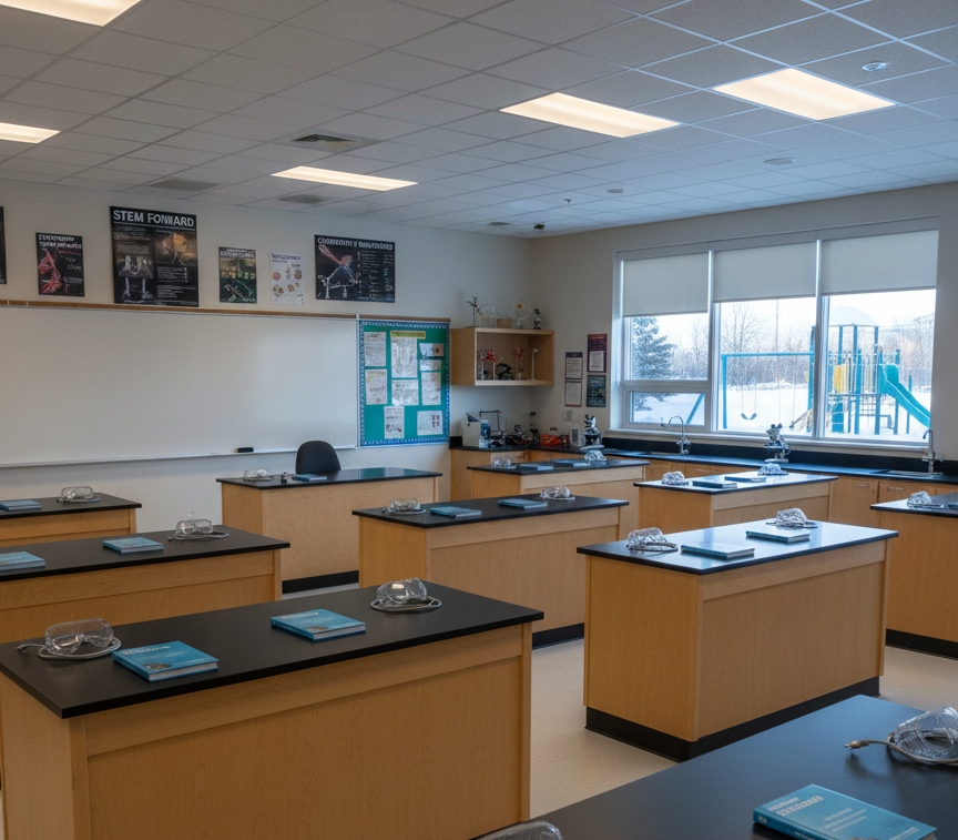 An expansive photographic view of an Alaska high school science classroom, with rows of light maple lab benches and black countertops, each station neatly outfitted with safety goggles, closed textbooks, and carefully coiled power cords for unseen equipment. At the front, a large whiteboard is blank, and tall windows reveal a snowy playground and low winter sun. Cool natural light streams in, contrasting with warm ceiling fluorescents, creating a balanced, inviting atmosphere. Shot from a slightly elevated corner, the composition shows depth down the rows of benches. The scene feels organized, inclusive, and ready for STEM learning, reflecting a professional, community-focused environment without any people present.