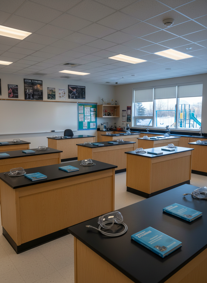 An expansive photographic view of an Alaska high school science classroom, with rows of light maple lab benches and black countertops, each station neatly outfitted with safety goggles, closed textbooks, and carefully coiled power cords for unseen equipment. At the front, a large whiteboard is blank, and tall windows reveal a snowy playground and low winter sun. Cool natural light streams in, contrasting with warm ceiling fluorescents, creating a balanced, inviting atmosphere. Shot from a slightly elevated corner, the composition shows depth down the rows of benches. The scene feels organized, inclusive, and ready for STEM learning, reflecting a professional, community-focused environment without any people present.